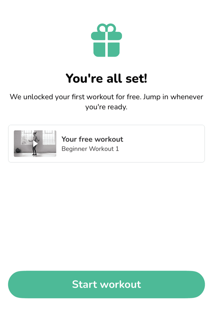 The "You're all set!" screen after completing the quiz, showing an unlocked free workout and a Start workout button