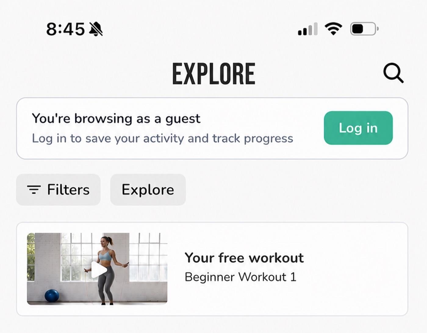 The Explore page in guest mode, with a "You're browsing as a guest" banner, a Log in button, and a pinned "Your free workout" card