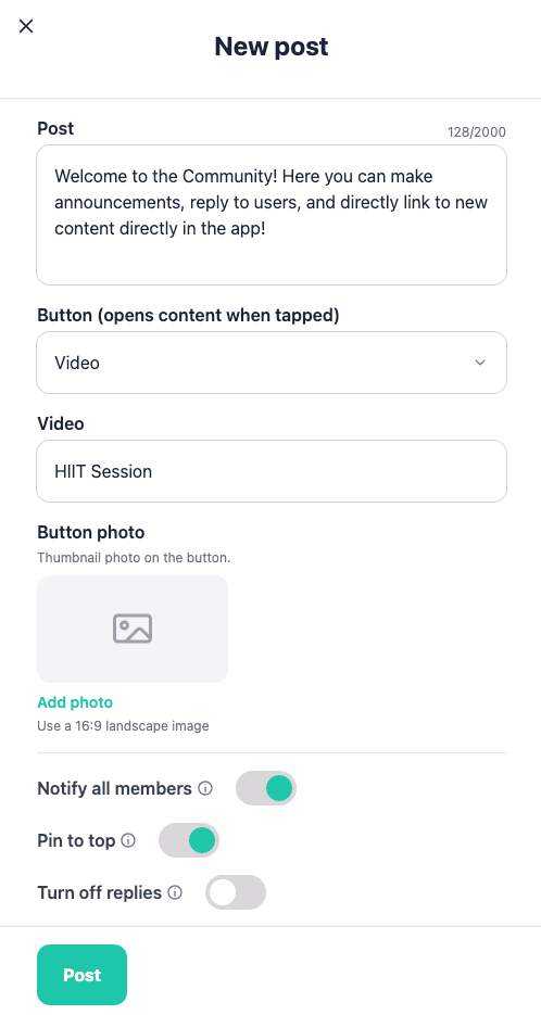 The New post dialog in the dashboard, with the post text, a Button dropdown set to Video, a button photo picker, and switches for Notify all members, Pin to top, and Turn off replies above a Post button