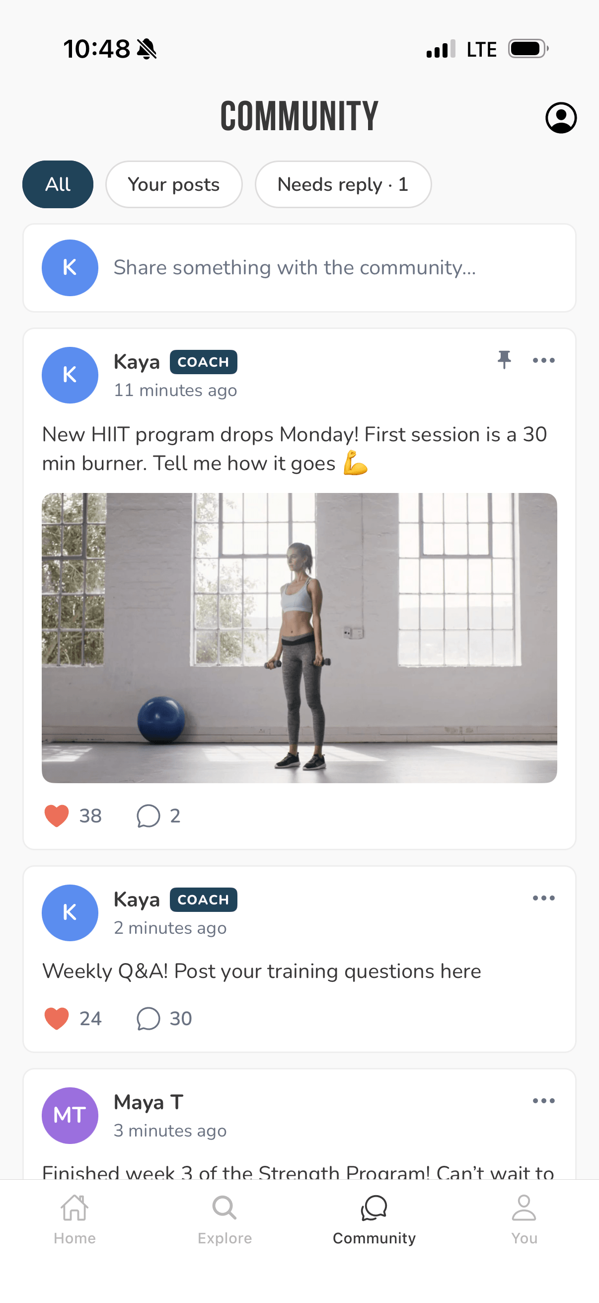 The Community tab in the app, with All, Your posts, and Needs reply filters, a "Share something with the community" box, and coach and member posts showing likes and replies