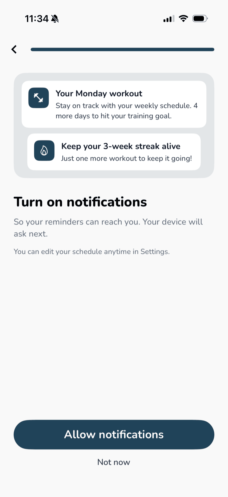 The "Turn on notifications" screen, previewing a "Your Monday workout" reminder and a "Keep your 3-week streak alive" streak alert, above an Allow notifications button