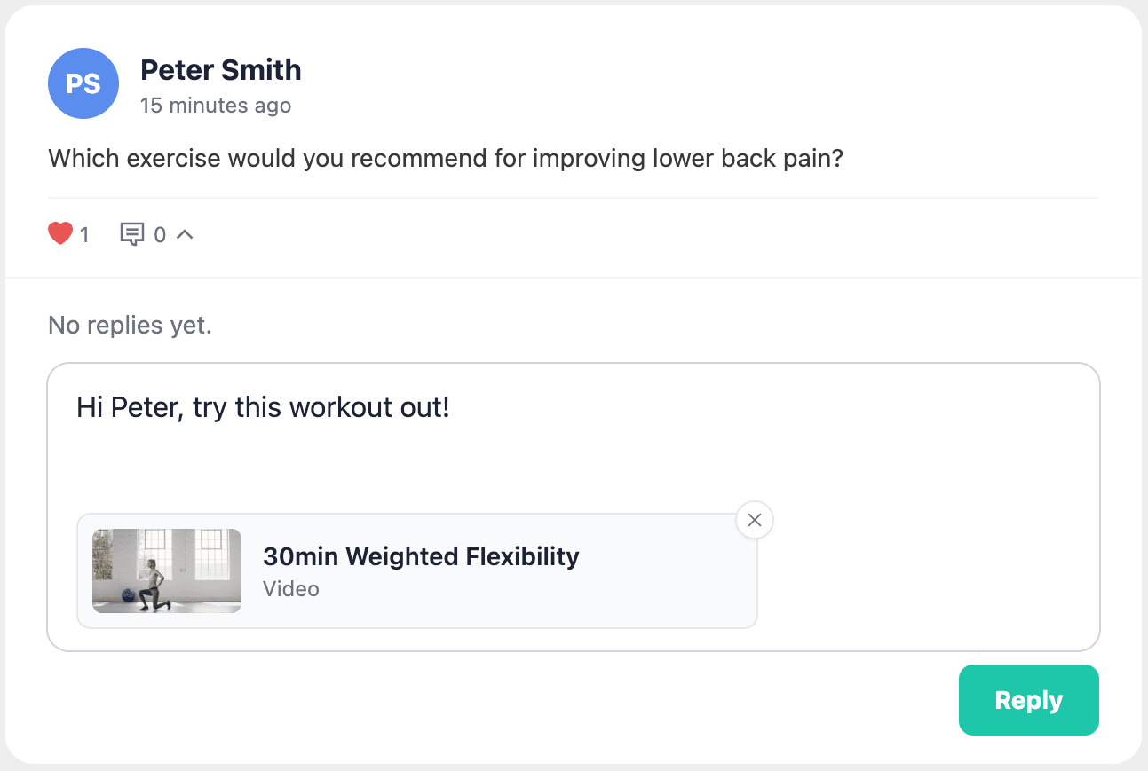A member post in the dashboard asking which exercise helps with lower back pain, with a coach reply being written that has a "30min Weighted Flexibility" video attached