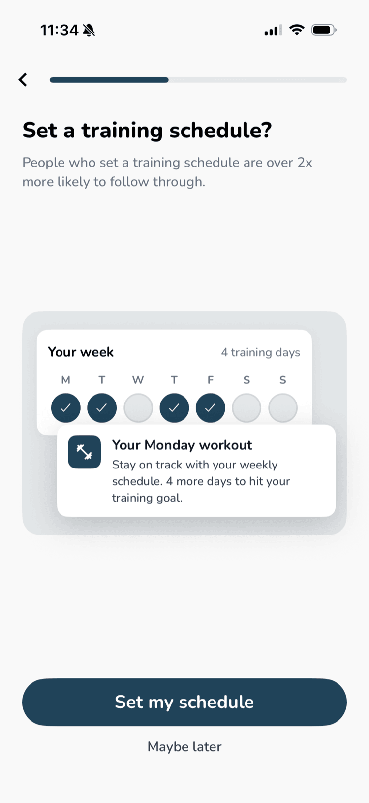 The "Set a training schedule?" screen, showing a week with Monday, Tuesday, Thursday, and Friday checked and a preview of a "Your Monday workout" reminder, above a Set my schedule button
