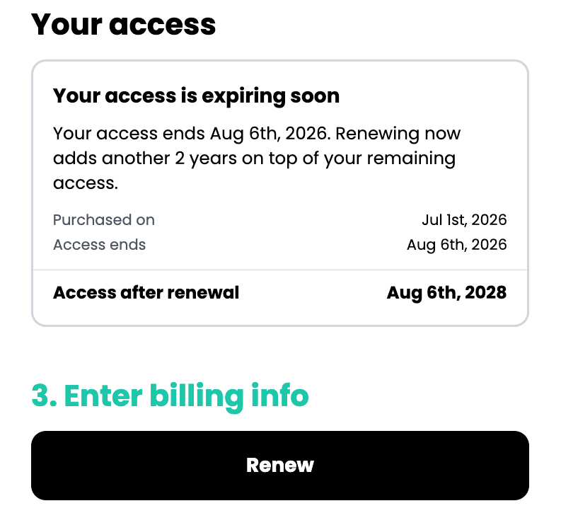 A "Your access" section on a web checkout page warning that access is expiring soon, listing the purchase date, access end date, and the new end date after renewal, above a Renew button