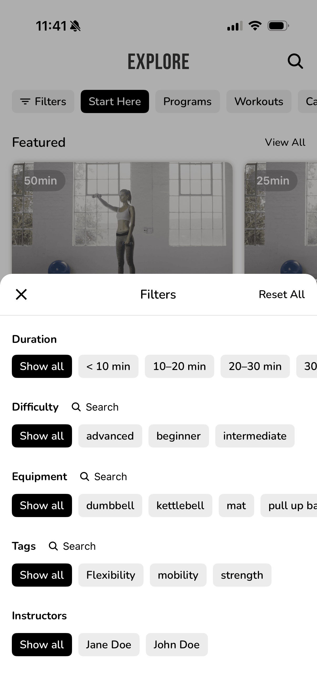 The Filters sheet on the Explore page, with a Duration row of Show all, under 10 min, 10 to 20 min, 20 to 30 min and 30 min ranges above the Difficulty, Equipment, Tags, and Instructors filters