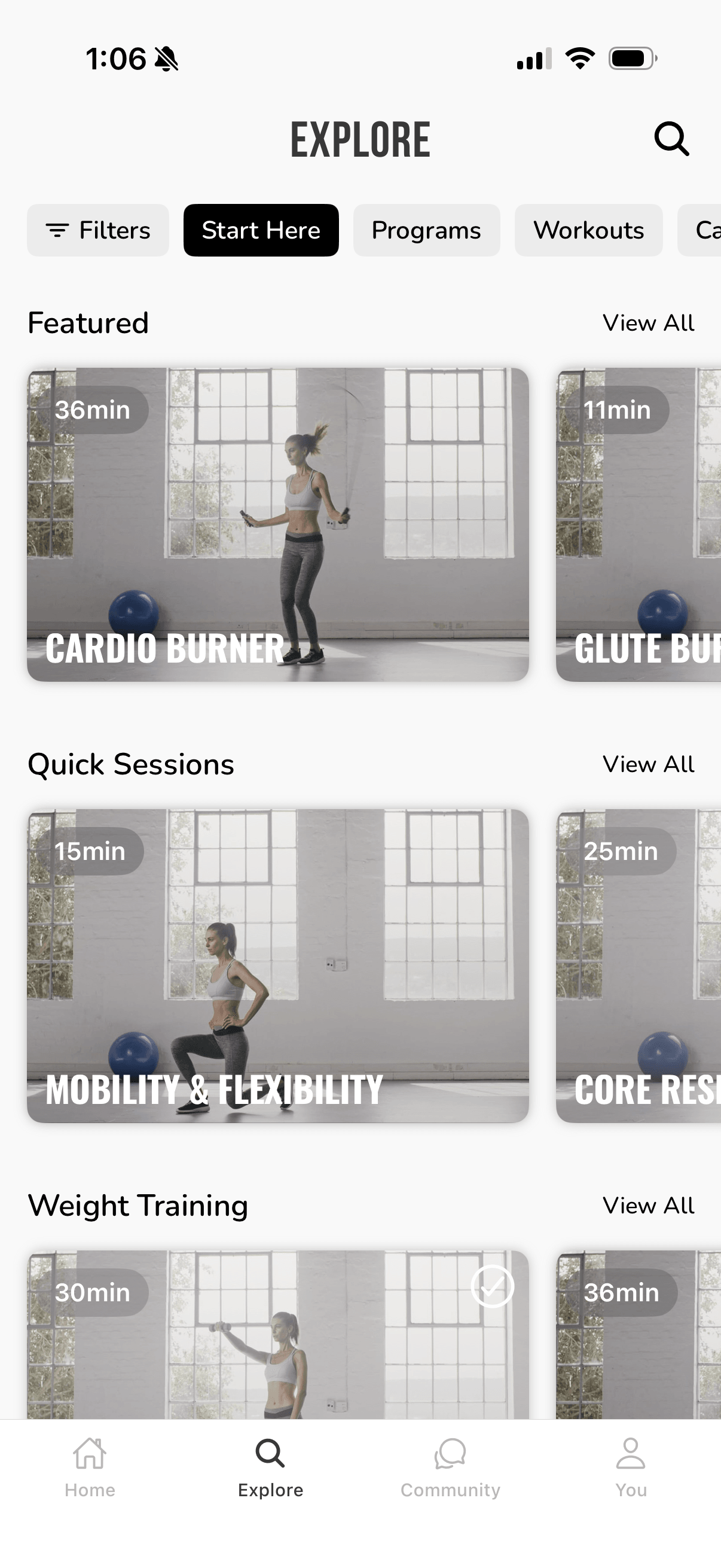 The Explore page in the app, with Featured, Quick Sessions, and Weight Training rows where each workout card carries a time pill such as 36min, 15min, or 11min in its top left corner