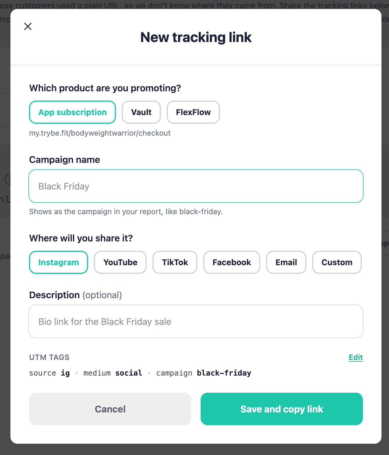 The New tracking link form, with the App subscription selected, a Black Friday campaign name, Instagram chosen as the platform, and a Save and copy link button