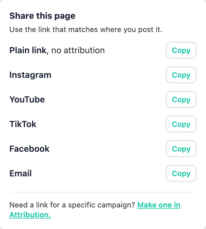 The Share this page menu on a Sell card, with Copy buttons for the plain link and for Instagram, YouTube, TikTok, Facebook, and Email