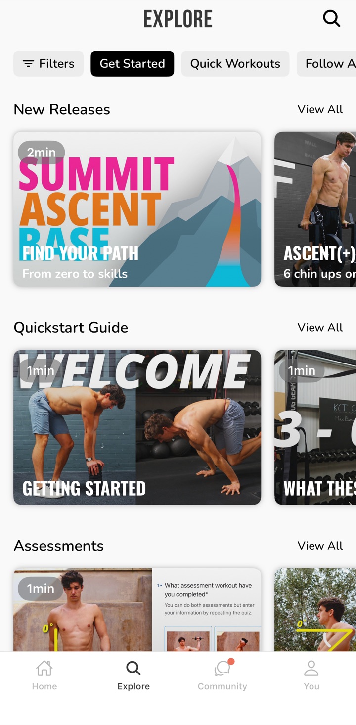 Bodyweight Warrior's Explore tab, organized into Netflix-style rows of programs and workouts