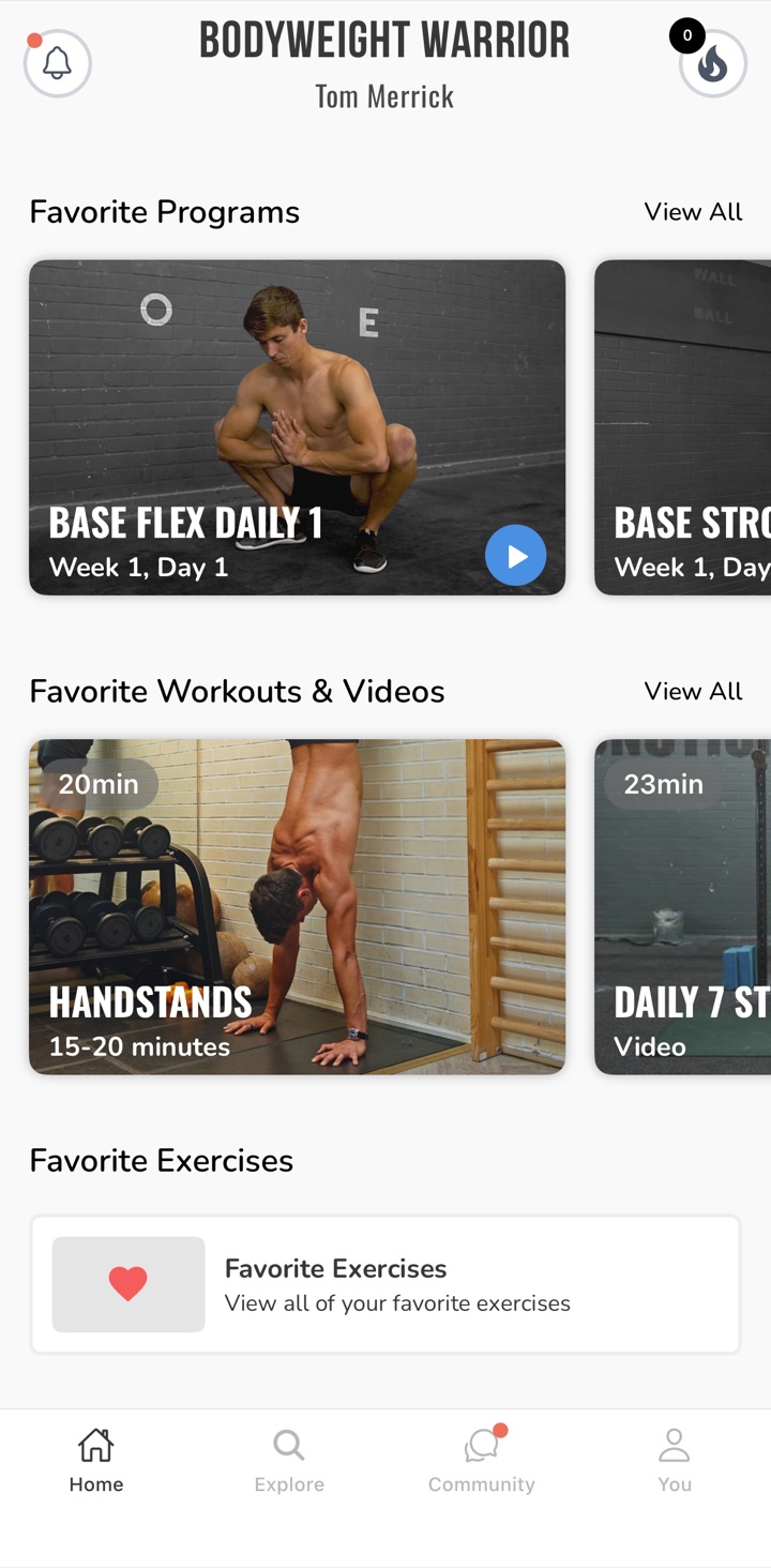 A member's home screen in Bodyweight Warrior's Trybe space, showing only Tom Merrick's programs